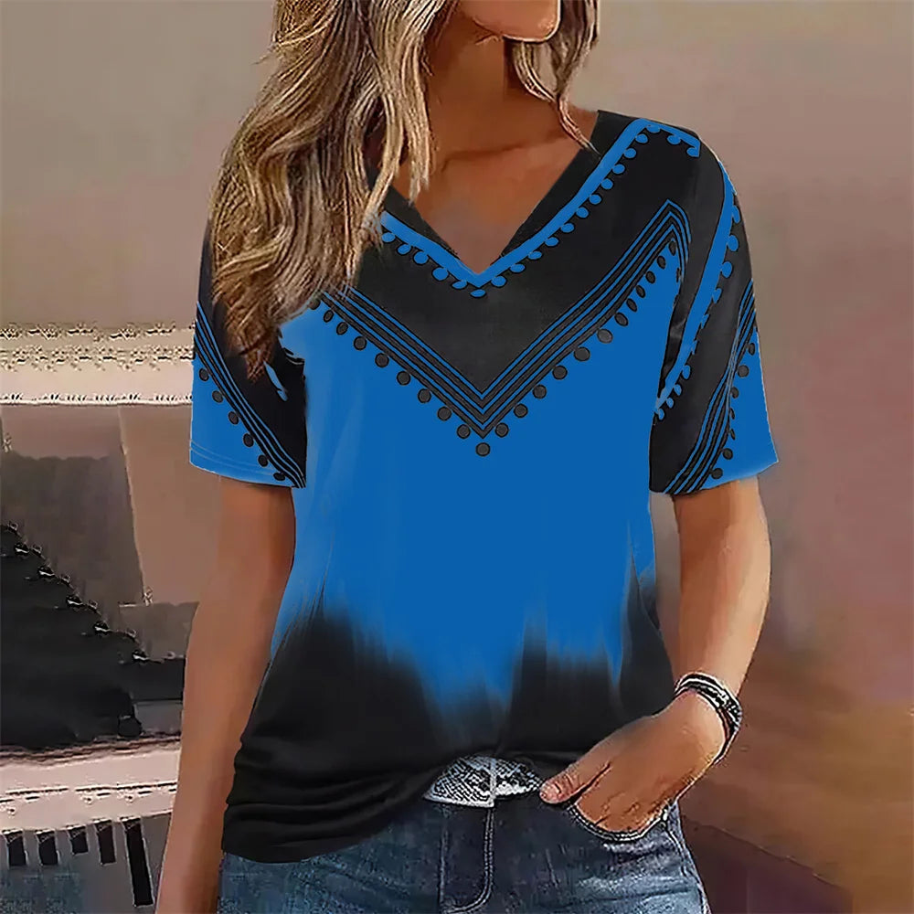 Women's Striped Gradient V-Neck Oversized T-Shirt
