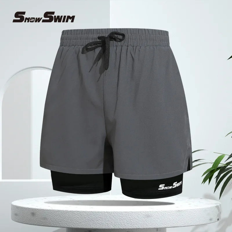 Men’s Quick-Dry Double-Layer Swim Trunks Beach Shorts for Swimming and Spa