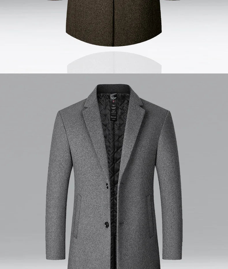 BROWON Men's Solid Color Woolen Trench Coat