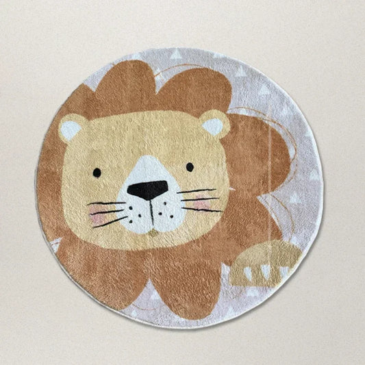 Round Cartoon Lion Rug for Kids Room – Soft Fluffy Plush Carpet