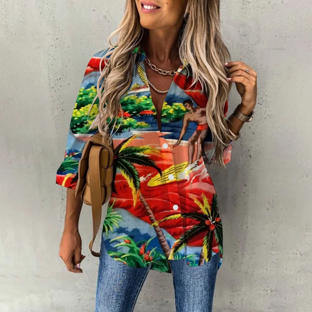 Women’s 3D Flower Print V-Neck Oversized Summer Tee