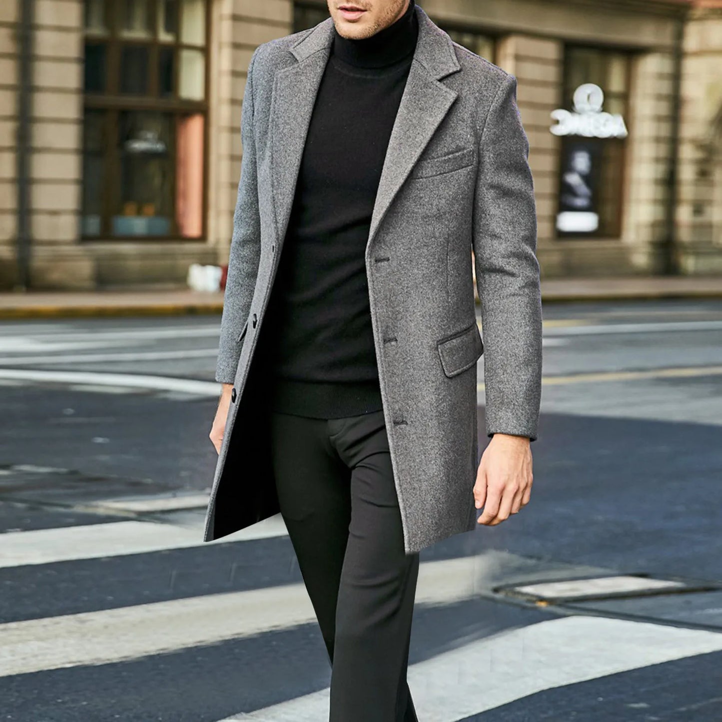 Men's Wool Lapel Trench Coat Single-Breasted England Style