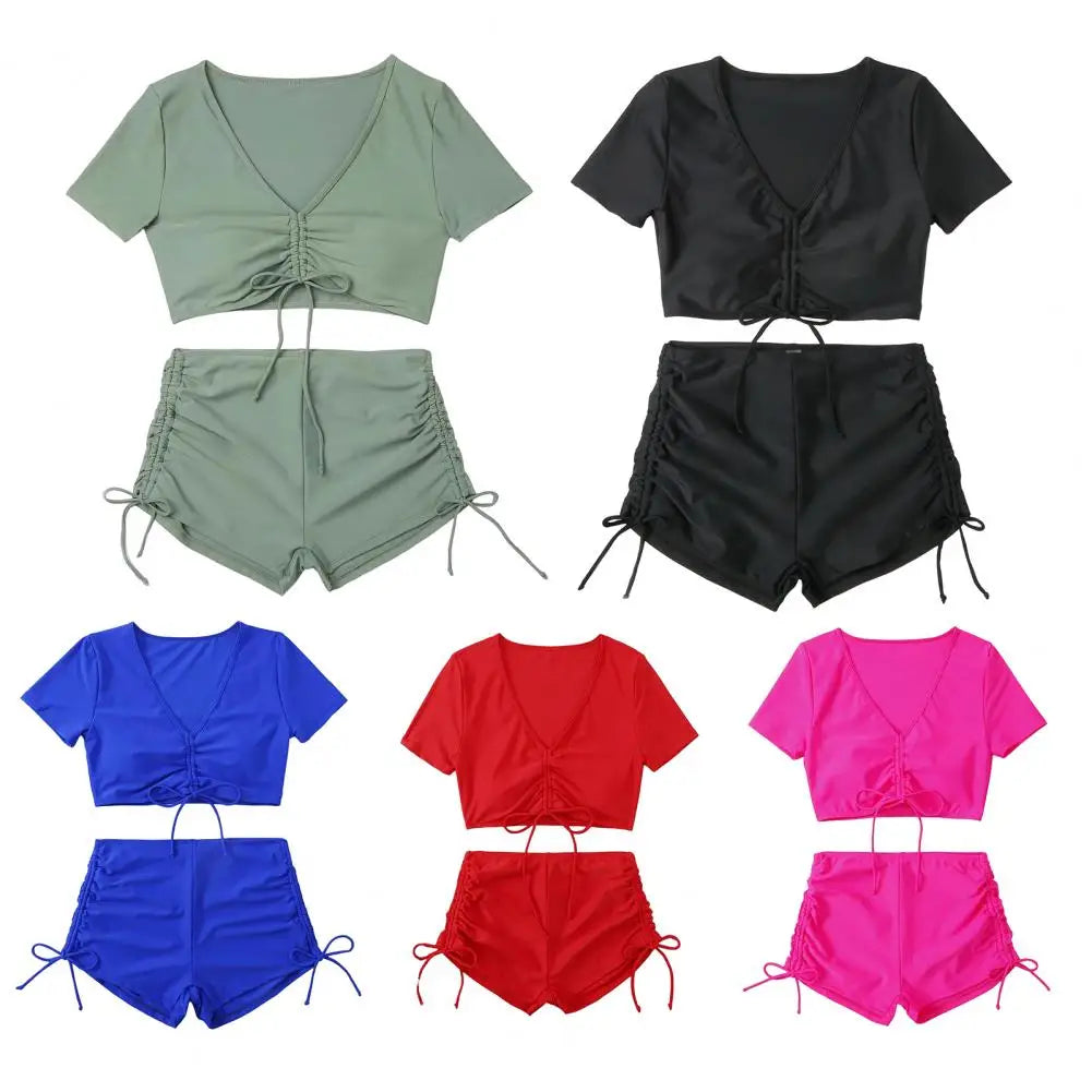 Women’s V-Neck Bikini Set with High Waist Drawstring Swim Shorts