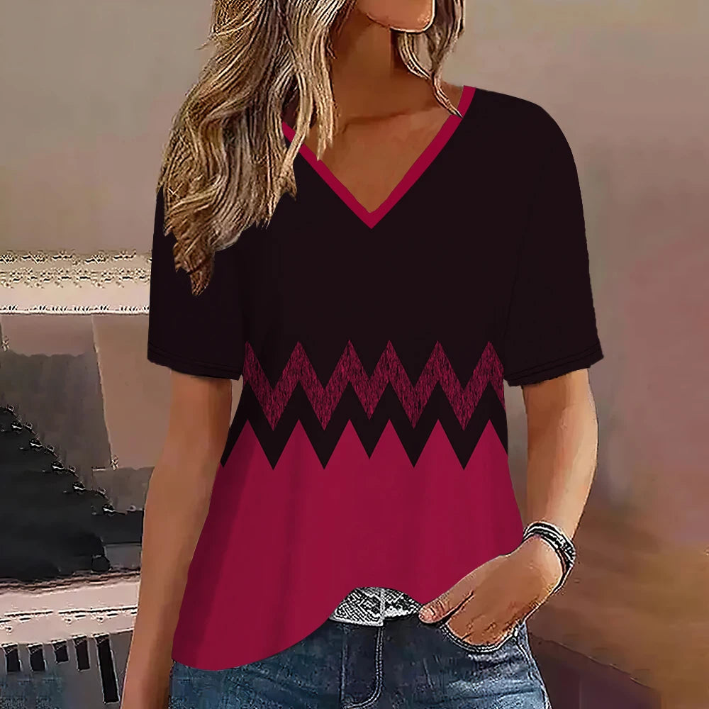 Women's Striped Gradient V-Neck Oversized T-Shirt