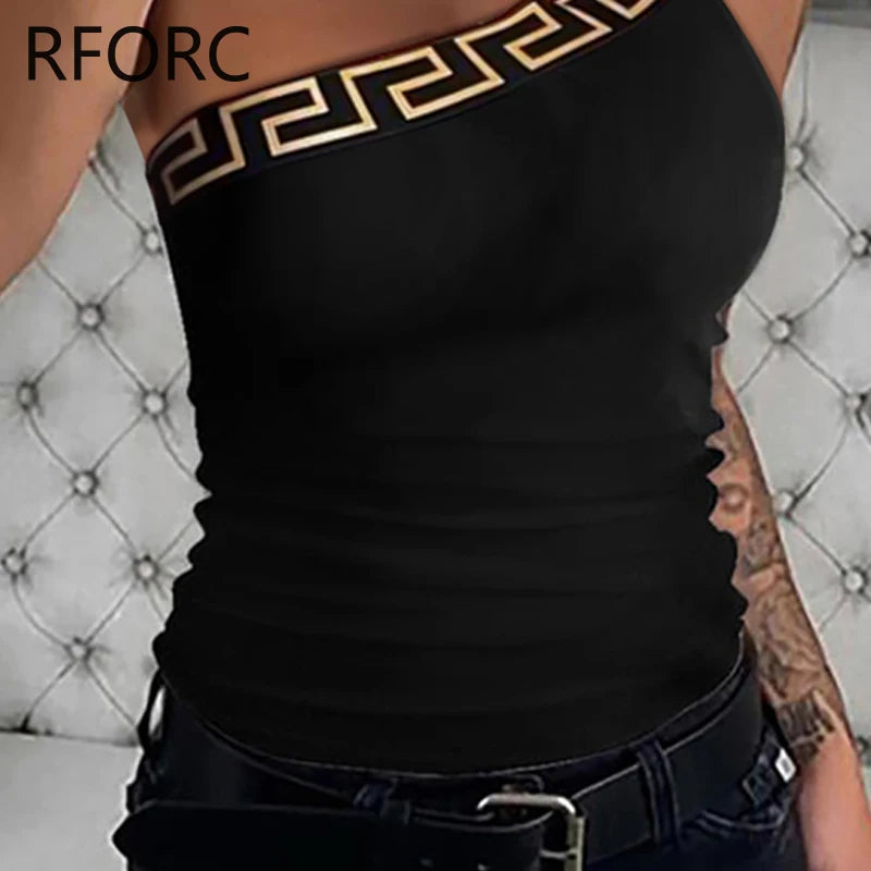 Women One Shoulder Geometric Pattern Sleeveless Sexy Crop Top