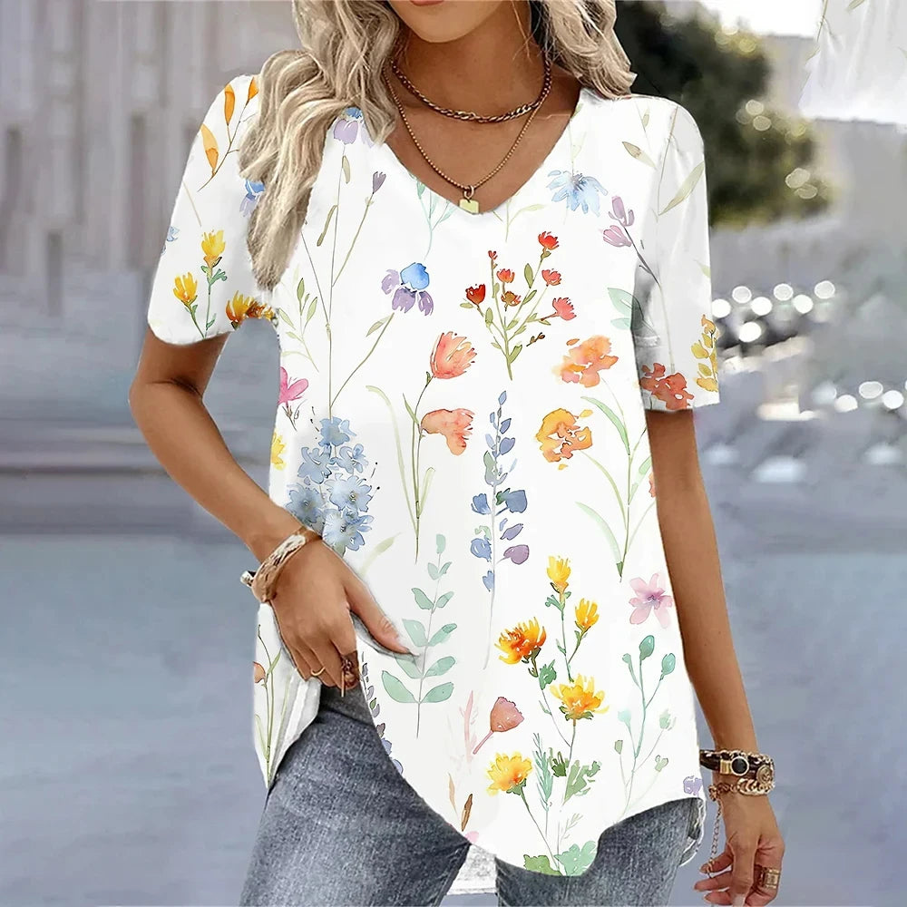Women’s 3D Flower Print V-Neck Oversized Summer Tee