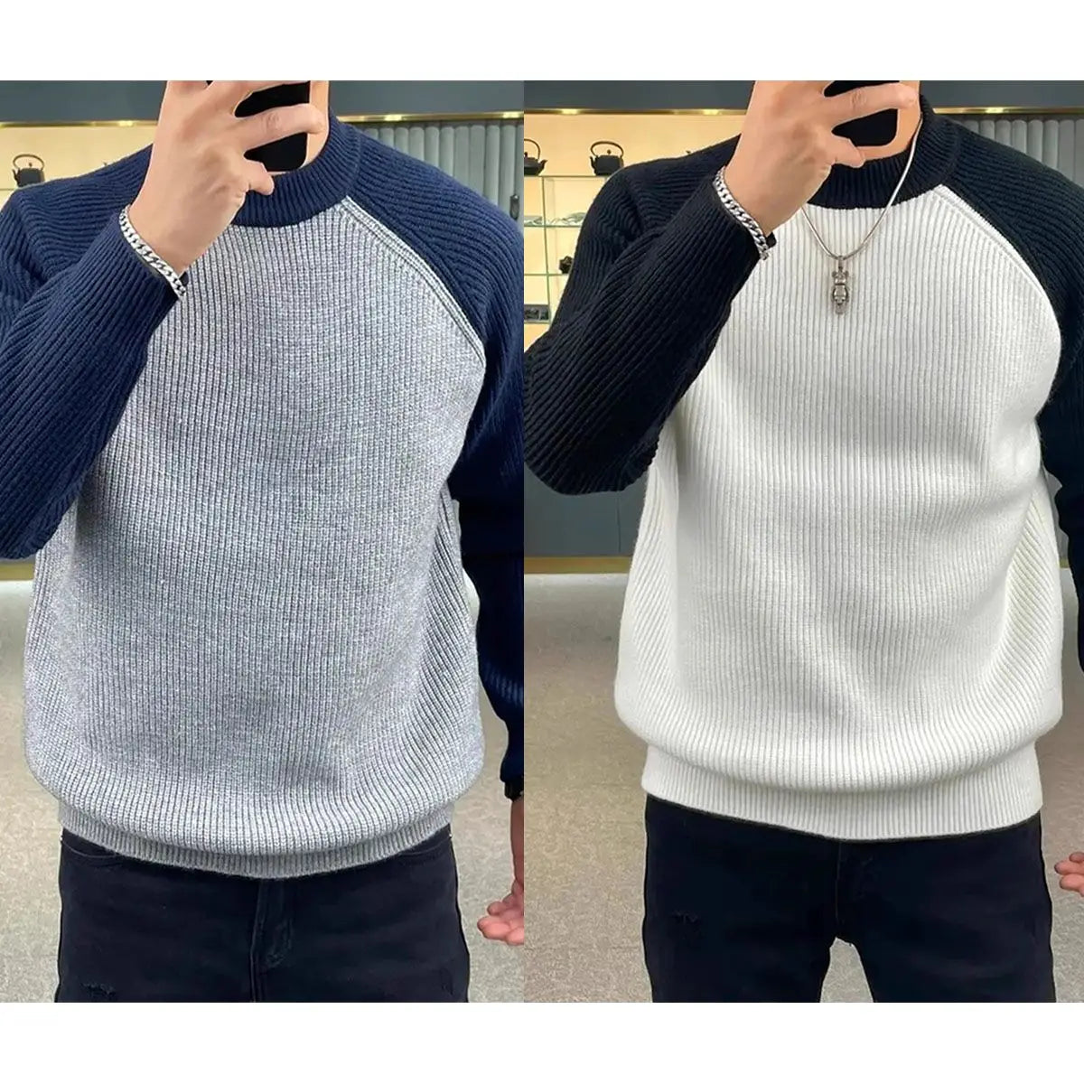 Men’s Casual Patchwork Knit Sweater - Retro Harajuku Pullover
