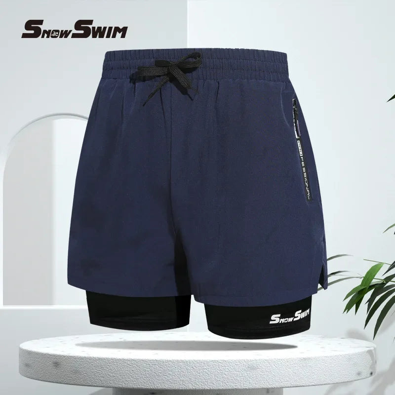 Men’s Quick-Dry Double-Layer Swim Trunks Beach Shorts for Swimming and Spa