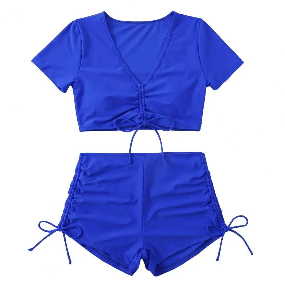 Women’s V-Neck Bikini Set with High Waist Drawstring Swim Shorts