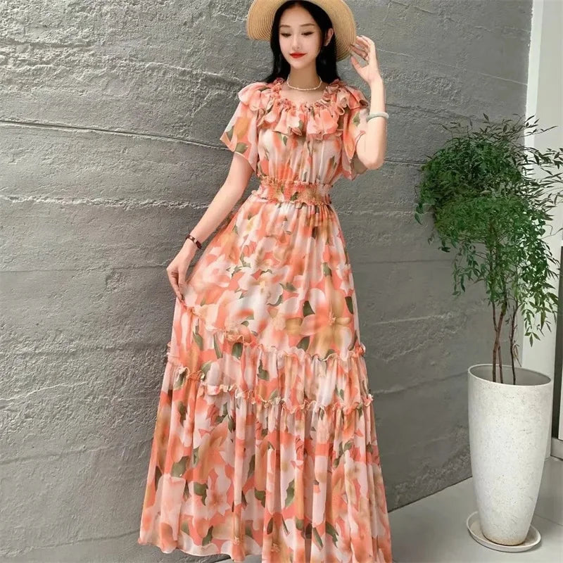 Women’s Floral Patchwork Ruffle Maxi Dress