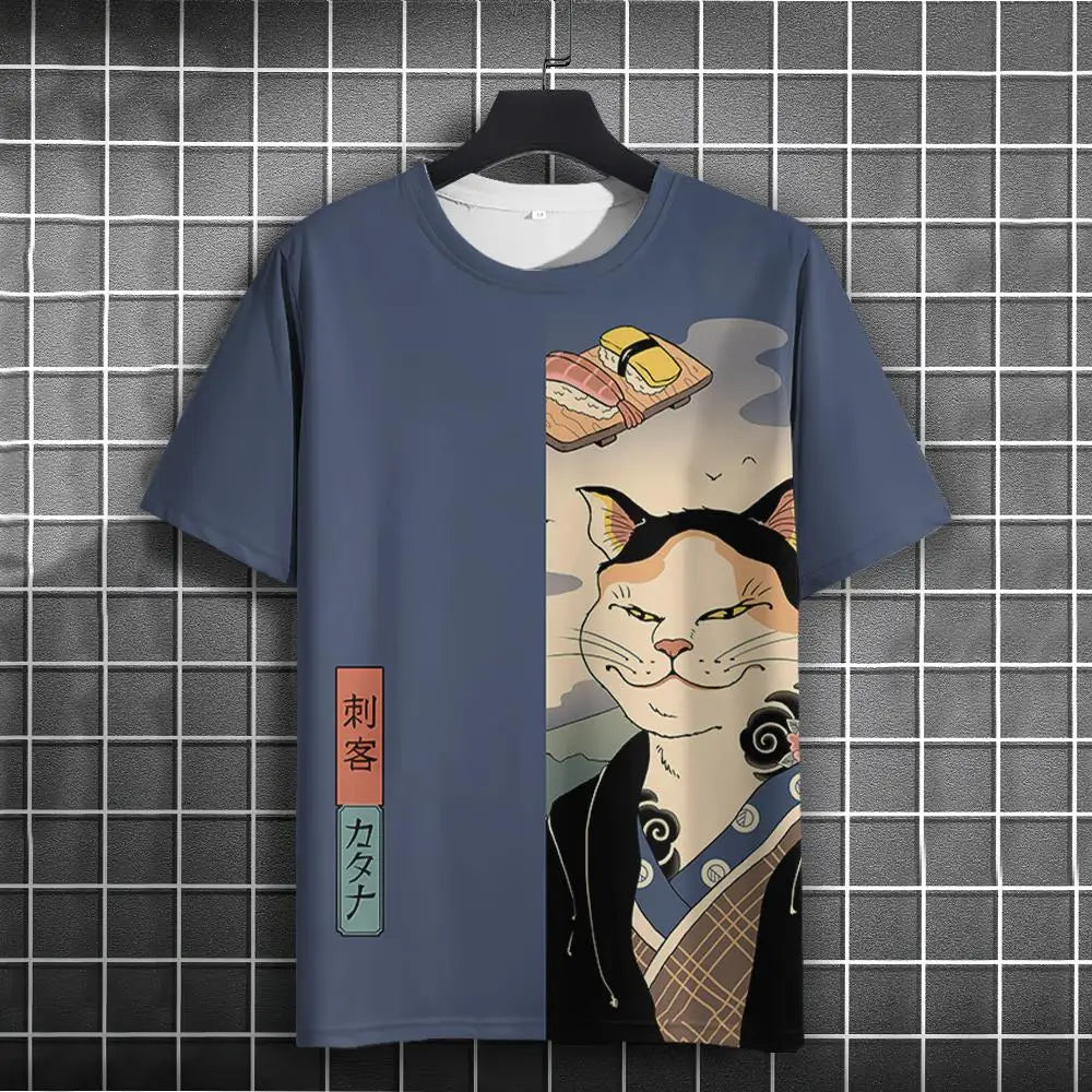 Unisex Japanese Samurai Cat 3D Printed T-shirt