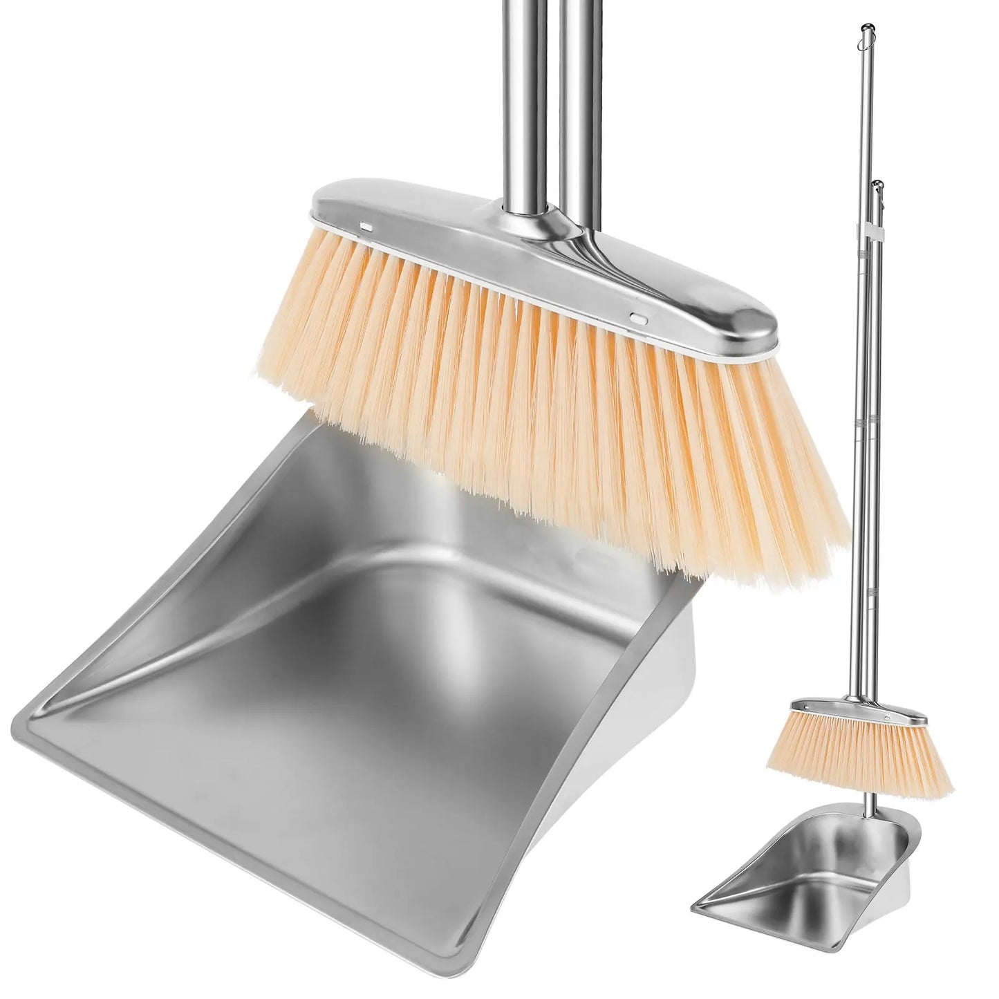 Long Handle Broom and Dustpan Set with Stainless Steel Pole for Home Cleaning