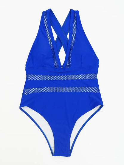 Women’s Mesh Patchwork One Piece Swimsuit Deep V-Neck Push Up Monokini