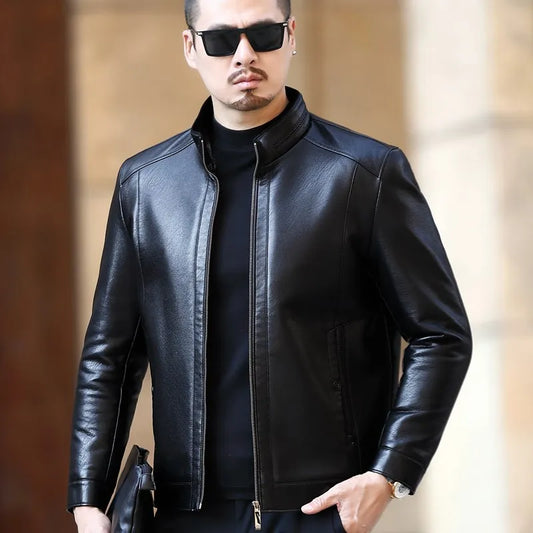 Natural Leather Jacket Men's Stand-up Collar