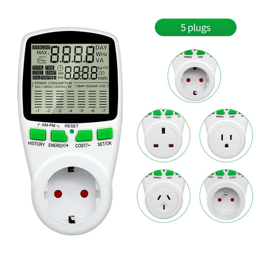 AC220V Digital Power Meter – Energy Usage Monitor with Multi-Plug Support