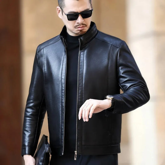 Natural Leather Jacket Men's Stand-up Collar
