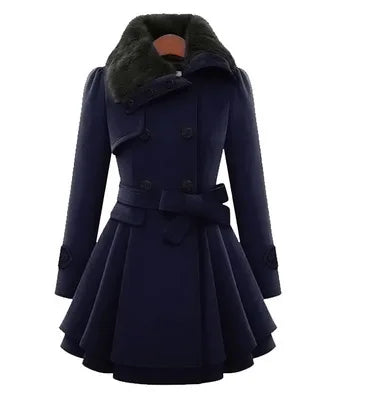 Women's Slim Double-Breasted Wool Trench Coat with Sherpa Lining