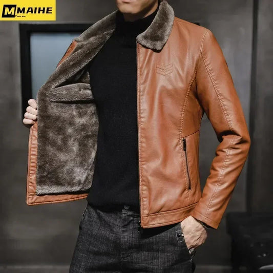 Winter Motorcycle Leather Jacket with Fur Collar
