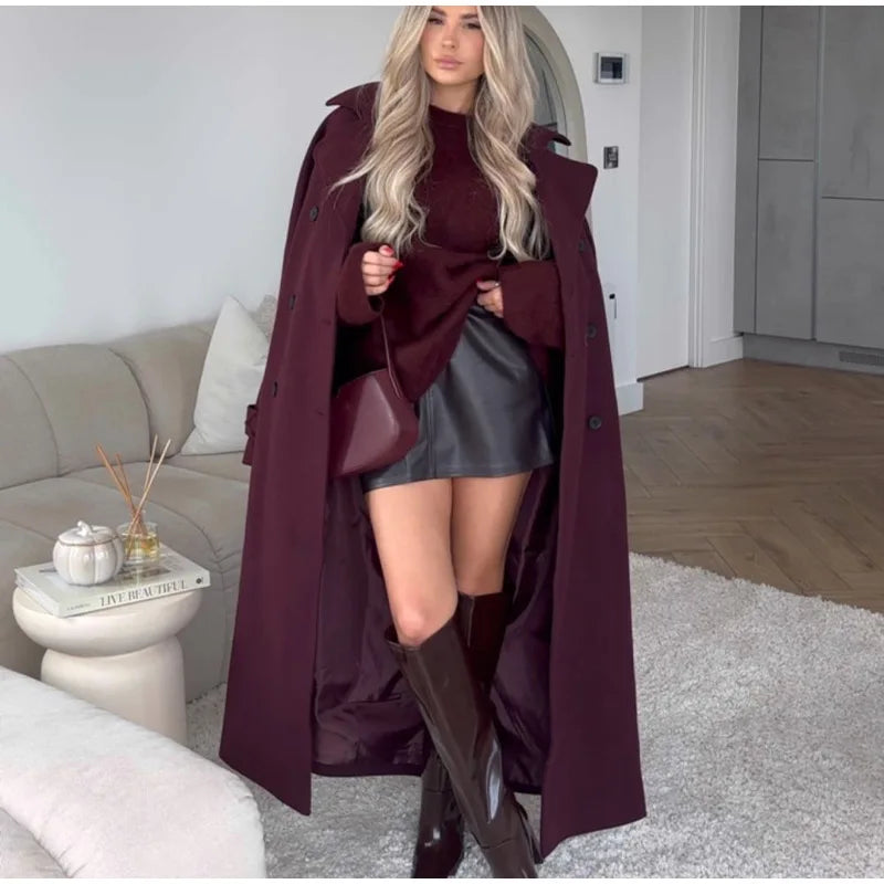 Elegant Burgundy Wool Blend Long Coat for Women