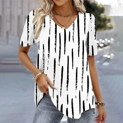 Women’s 3D Flower Print V-Neck Oversized Summer Tee
