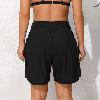High Waist Women’s Swim Trunks with Pockets and Built-In Briefs