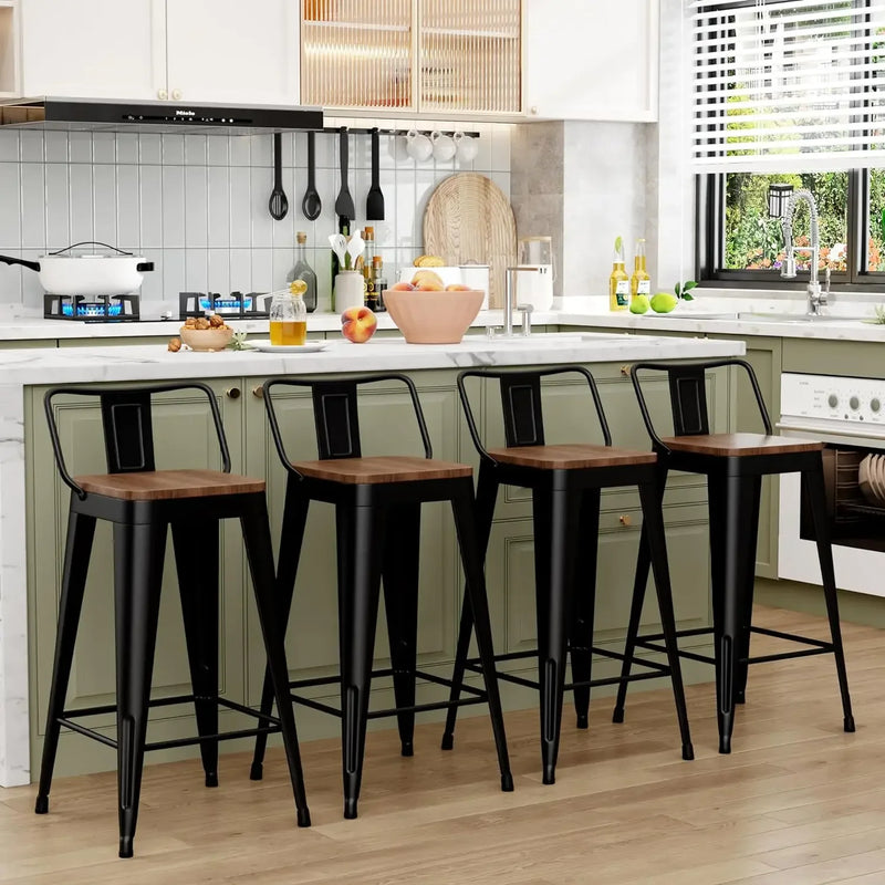 Set of 4 Metal Counter Height Bar Stools with Removable Back & Wooden Seat