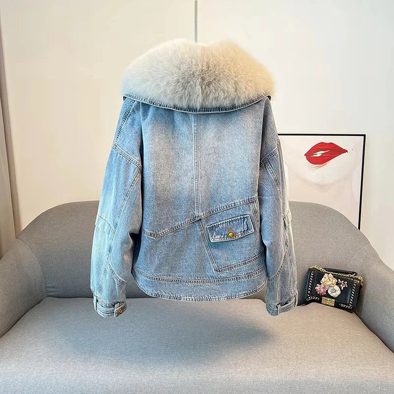 Luxury Women's Fox Fur Collar Goose Down Denim Jacket