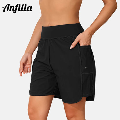 High Waist Women’s Swim Trunks with Pockets and Built-In Briefs