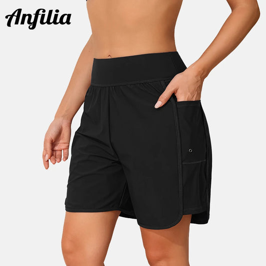 High Waist Women’s Swim Trunks with Pockets and Built-In Briefs