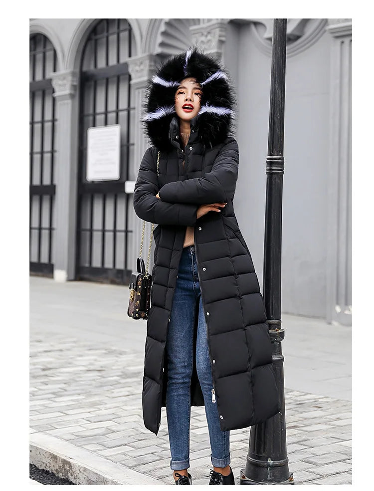 Women's Long Over-Knee Winter Parka with Fur Hood