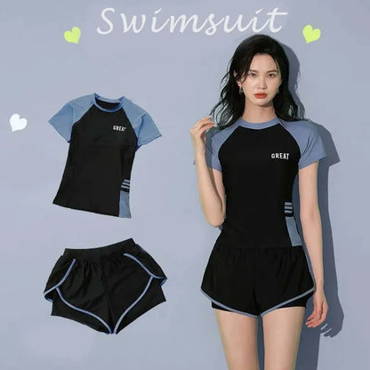 Women’s Two Piece Short Sleeve Swimsuit with Shorts for Beach and Pool