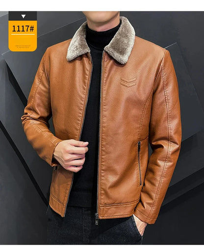 Winter Motorcycle Leather Jacket with Fur Collar