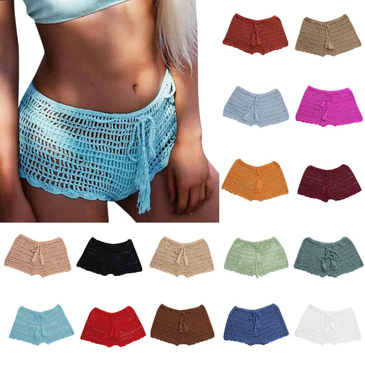 Women’s Crochet Knit Swim Shorts Hollow Out Beachwear with Drawstring