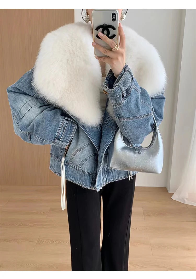 Luxury Women's Fox Fur Collar Goose Down Denim Jacket