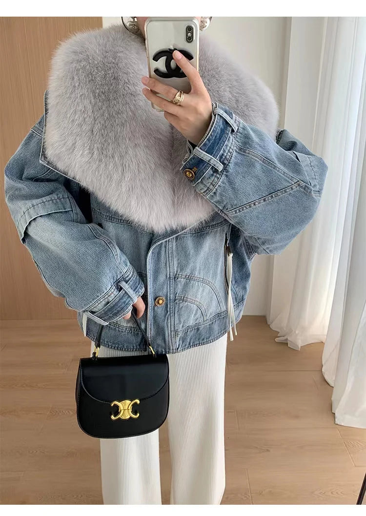 Luxury Women's Fox Fur Collar Goose Down Denim Jacket