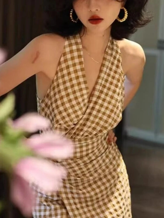 Korean Elegant Plaid Sleeveless V-Neck Summer Dress for Women