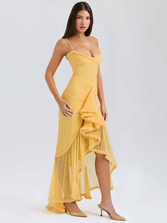 Mozision Women's Ruffled Ruched Backless Maxi Party Dress