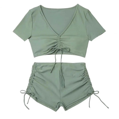 Women’s V-Neck Bikini Set with High Waist Drawstring Swim Shorts