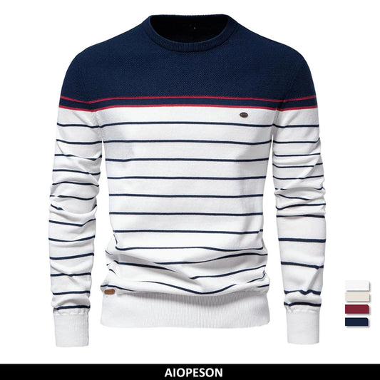 Striped Cotton O-Neck Pullover Sweater