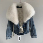 Luxury Women's Fox Fur Collar Goose Down Denim Jacket