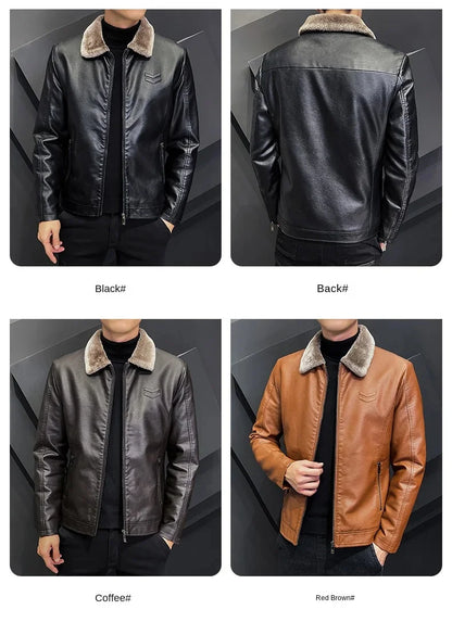 Winter Motorcycle Leather Jacket with Fur Collar
