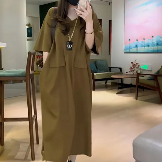 Women's Oversized V-Neck Korean Summer Dress with Pockets