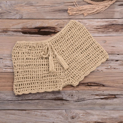 Women’s Crochet Knit Swim Shorts Hollow Out Beachwear with Drawstring