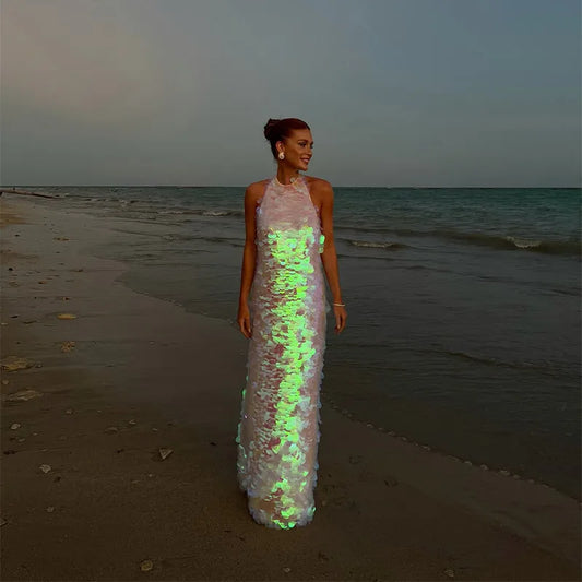 Chic Shining Sequin Maxi Dress – Backless Halter Beach Dress
