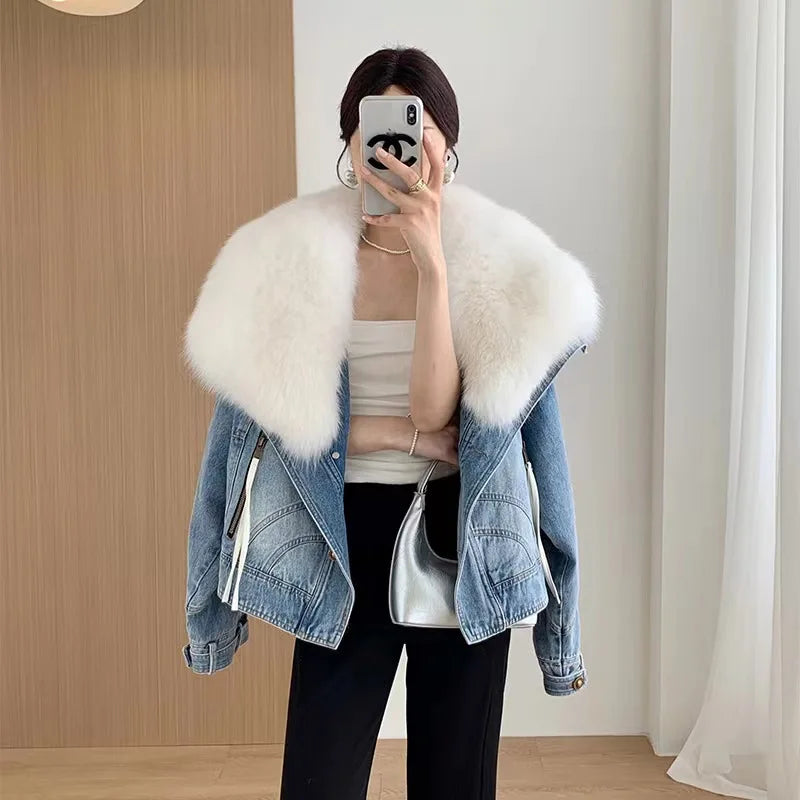 Luxury Women's Fox Fur Collar Goose Down Denim Jacket