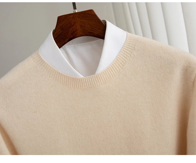 Pure Wool Men's Slim-Fit Round Neck O-Neck Cashmere Sweater