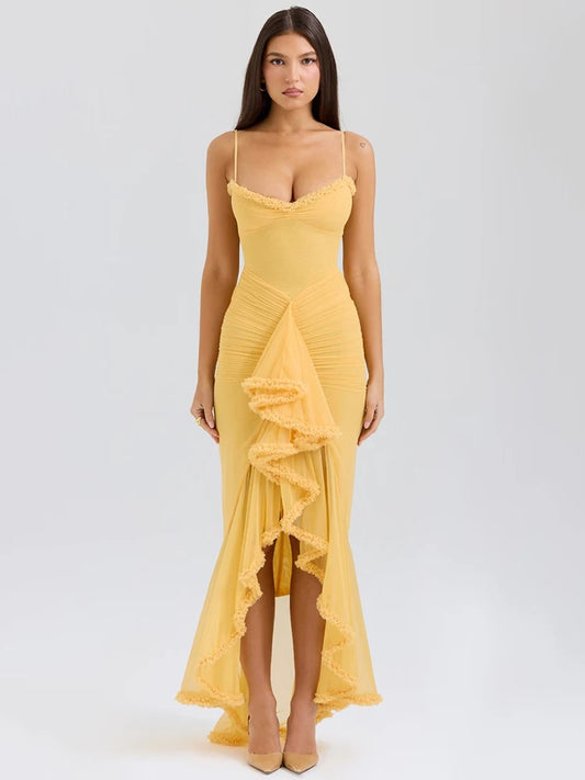 Mozision Women's Ruffled Ruched Backless Maxi Party Dress