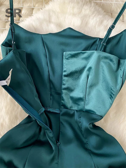 Elegant Satin Spaghetti Strap Backless Bodycon Dress