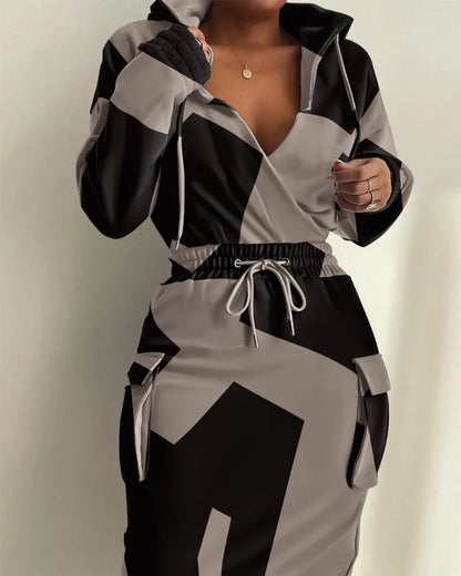 Plaid Hooded Drawstring Sweatshirt Dress – Autumn/Winter
