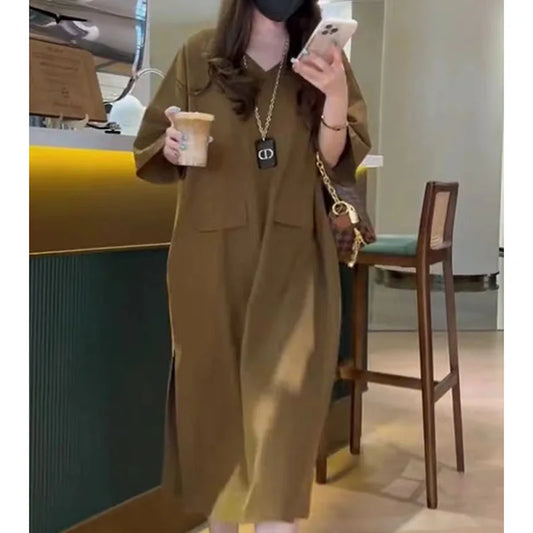 Women's Oversized V-Neck Korean Summer Dress with Pockets
